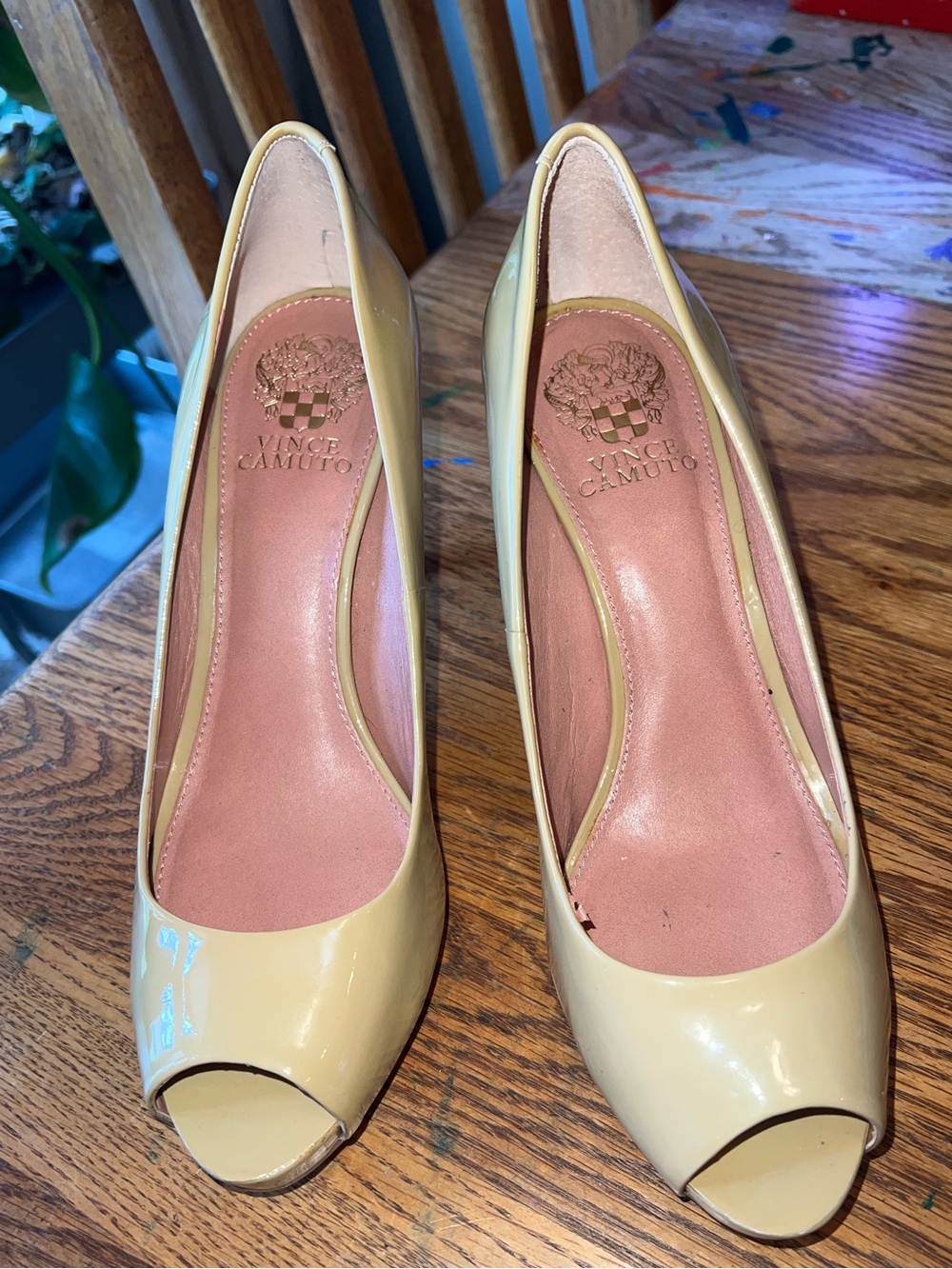 Vince Camuto Beige Patent Peep-Toe Pumps